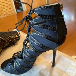 Jimmy Choo Navy Satin & Snakeskin Heels